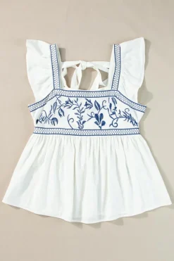 Clearance Dear-Lover Embroidered Bust Square Neck Peplum Blouse White
