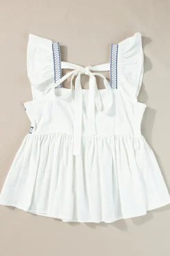 Clearance Dear-Lover Embroidered Bust Square Neck Peplum Blouse White