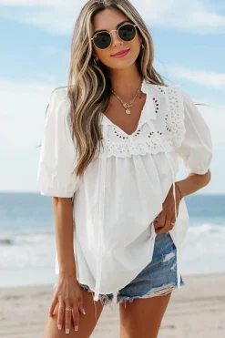 Clearance Dear-Lover Embroidered Lace Patchwork Tie Neck Puff Short Sleeve Blouse White