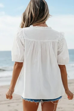 Clearance Dear-Lover Embroidered Lace Patchwork Tie Neck Puff Short Sleeve Blouse White