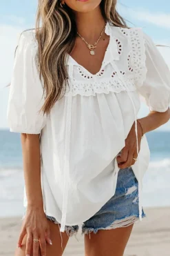Clearance Dear-Lover Embroidered Lace Patchwork Tie Neck Puff Short Sleeve Blouse White