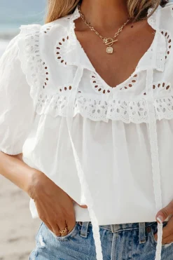 Clearance Dear-Lover Embroidered Lace Patchwork Tie Neck Puff Short Sleeve Blouse White