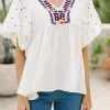 Best Dear-Lover Embroidered Puff Sleeve V Neck Blouse White