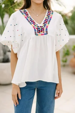 Best Dear-Lover Embroidered Puff Sleeve V Neck Blouse White