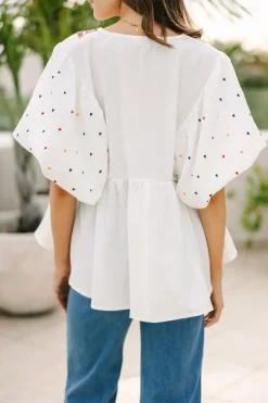 Best Dear-Lover Embroidered Puff Sleeve V Neck Blouse White