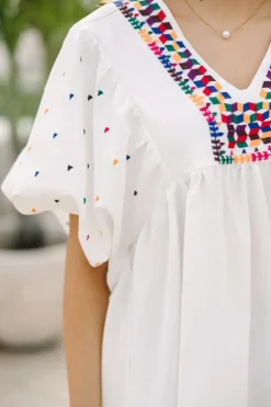 Best Dear-Lover Embroidered Puff Sleeve V Neck Blouse White
