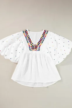 Best Dear-Lover Embroidered Puff Sleeve V Neck Blouse White
