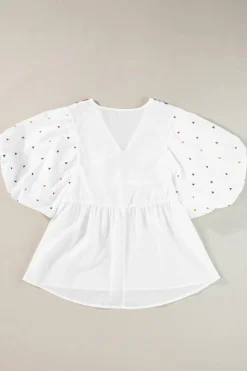 Best Dear-Lover Embroidered Puff Sleeve V Neck Blouse White