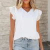 Online Dear-Lover Embroidered Ruffle Trim Textured Blouse White