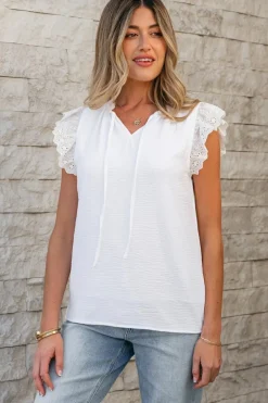 Online Dear-Lover Embroidered Ruffle Trim Textured Blouse White