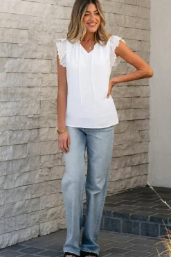 Online Dear-Lover Embroidered Ruffle Trim Textured Blouse White