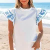 Fashion Dear-Lover Embroidered Ruffled Sleeve Frilled Collar Blouse White
