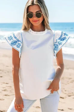 Fashion Dear-Lover Embroidered Ruffled Sleeve Frilled Collar Blouse White