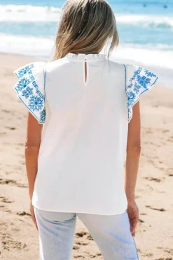 Fashion Dear-Lover Embroidered Ruffled Sleeve Frilled Collar Blouse White