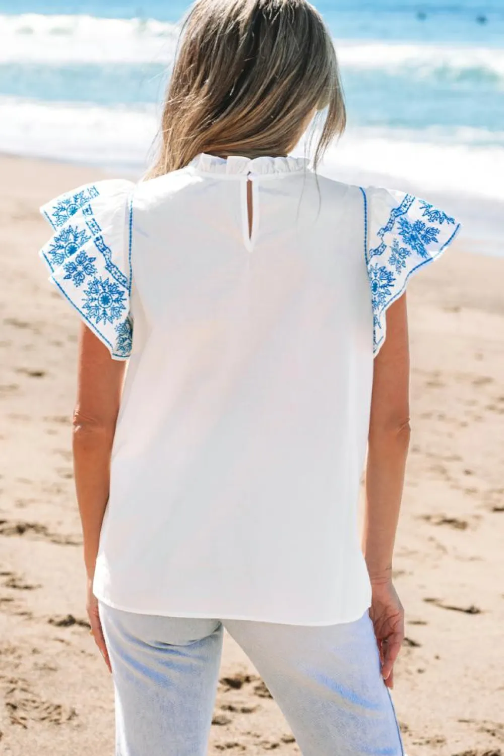 Fashion Dear-Lover Embroidered Ruffled Sleeve Frilled Collar Blouse White