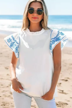 Fashion Dear-Lover Embroidered Ruffled Sleeve Frilled Collar Blouse White