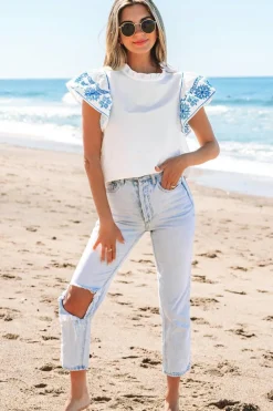 Fashion Dear-Lover Embroidered Ruffled Sleeve Frilled Collar Blouse White