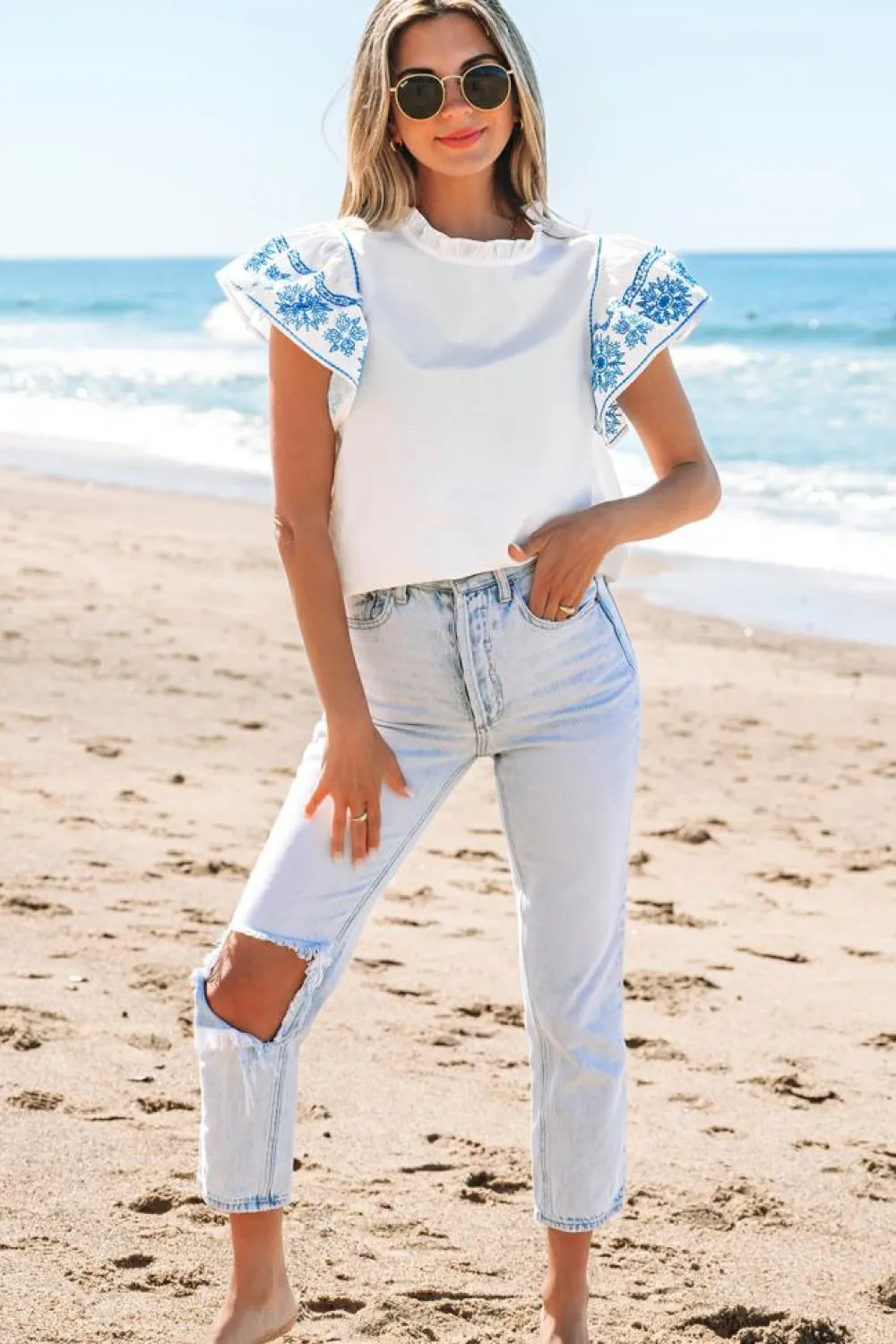 Fashion Dear-Lover Embroidered Ruffled Sleeve Frilled Collar Blouse White