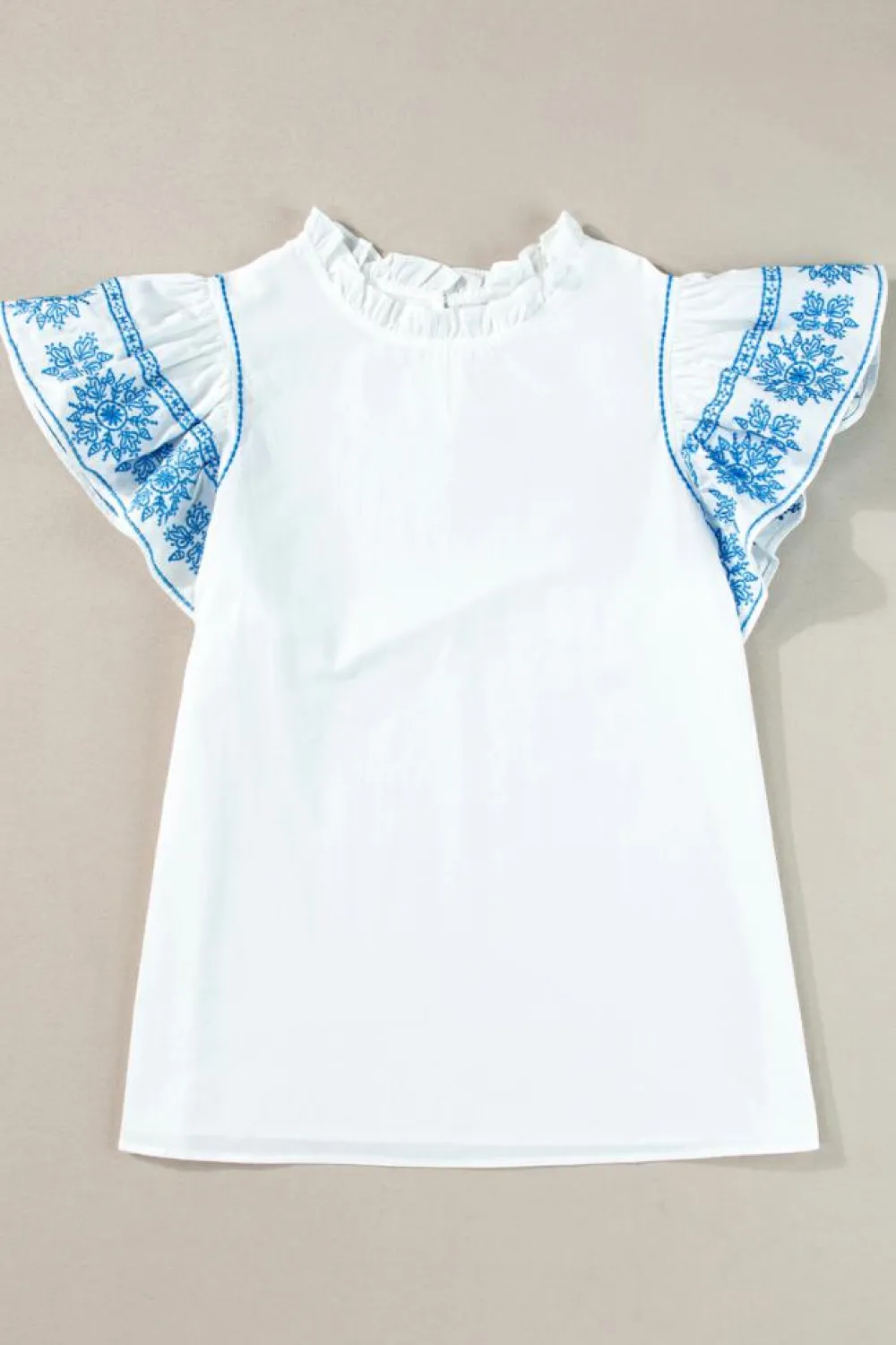 Fashion Dear-Lover Embroidered Ruffled Sleeve Frilled Collar Blouse White