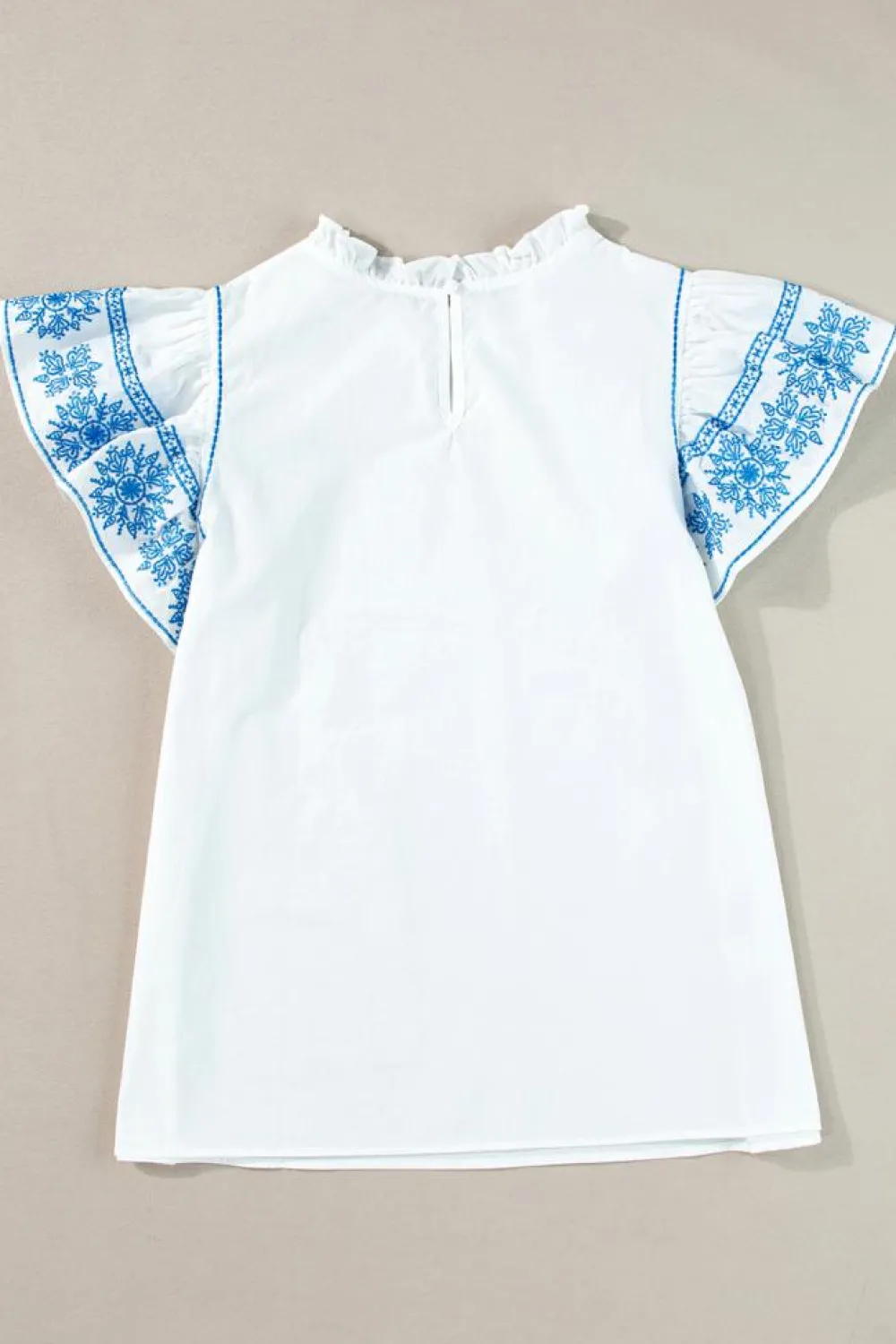 Fashion Dear-Lover Embroidered Ruffled Sleeve Frilled Collar Blouse White