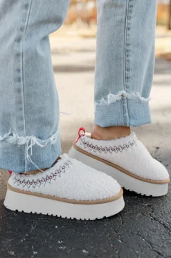 Clearance Dear-Lover Embroidered Sherpa Plush Thick Sole Winter Slippers White