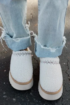 Clearance Dear-Lover Embroidered Sherpa Plush Thick Sole Winter Slippers White