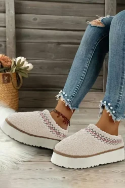 Clearance Dear-Lover Embroidered Sherpa Plush Thick Sole Winter Slippers White