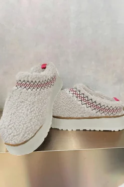 Clearance Dear-Lover Embroidered Sherpa Plush Thick Sole Winter Slippers White