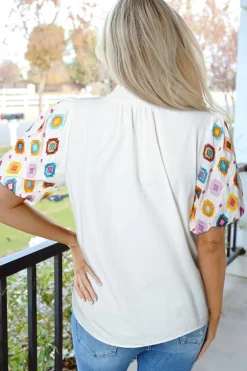 Hot Dear-Lover Embroidered Smocked Neck Puff Sleeve Top White