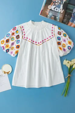 Hot Dear-Lover Embroidered Smocked Neck Puff Sleeve Top White