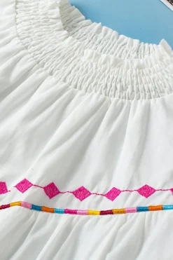 Hot Dear-Lover Embroidered Smocked Neck Puff Sleeve Top White