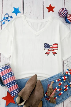 Best Dear-Lover Embroidered Stars Stripes Bowknot Logo Textured Knit T Shirt White