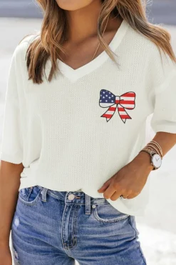 Best Dear-Lover Embroidered Stars Stripes Bowknot Logo Textured Knit T Shirt White