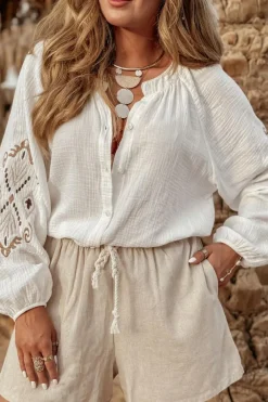 Sale Dear-Lover Embroidered Textured Buttoned Crew Neck Shirt White