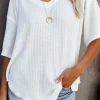 Best Dear-Lover Exposed Seam Half Sleeve Knitted V Neck Textured Top White