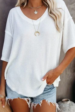 Best Dear-Lover Exposed Seam Half Sleeve Knitted V Neck Textured Top White