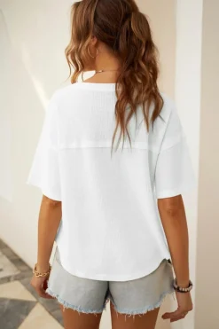 Best Dear-Lover Exposed Seam Half Sleeve Knitted V Neck Textured Top White
