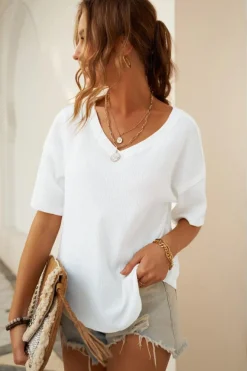 Best Dear-Lover Exposed Seam Half Sleeve Knitted V Neck Textured Top White