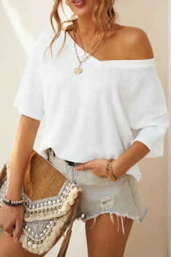 Best Dear-Lover Exposed Seam Half Sleeve Knitted V Neck Textured Top White