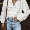Fashion Dear-Lover Eyelet Embroidered Puff Sleeve V Neck Blouse White