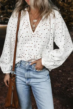 Fashion Dear-Lover Eyelet Embroidered Puff Sleeve V Neck Blouse White