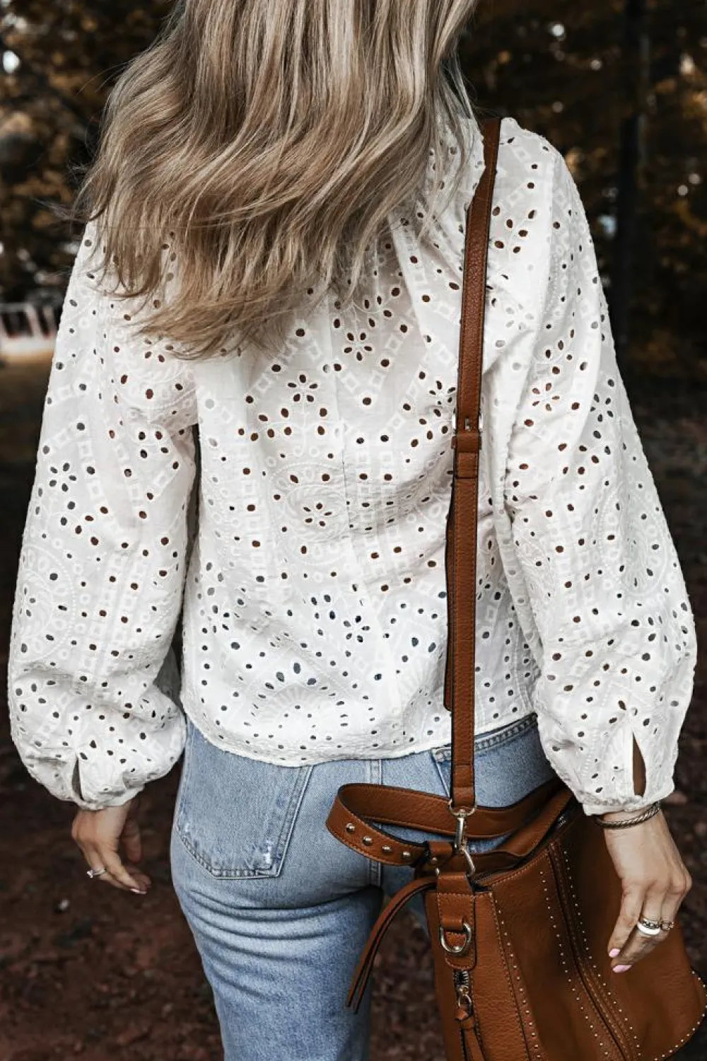 Fashion Dear-Lover Eyelet Embroidered Puff Sleeve V Neck Blouse White