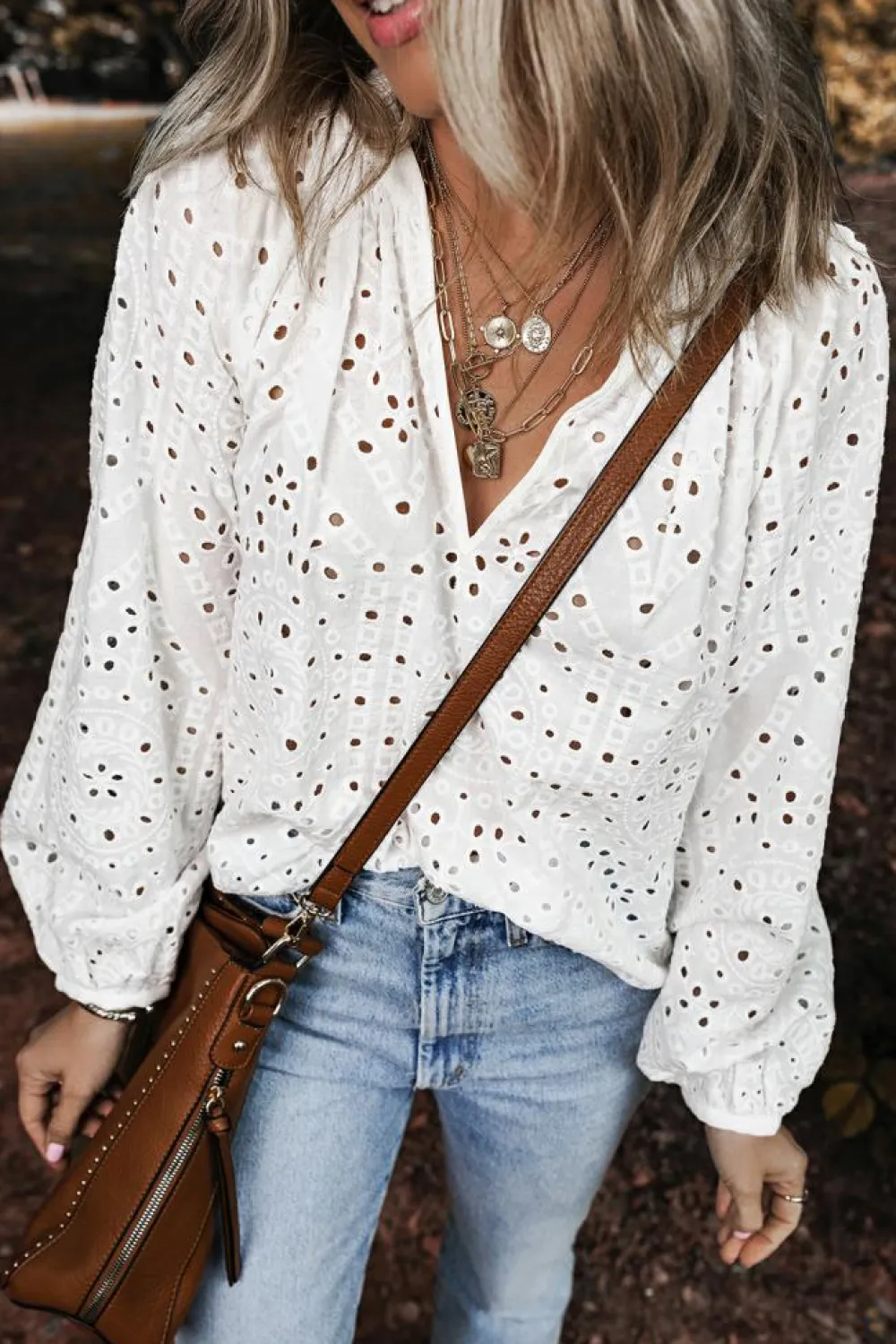 Fashion Dear-Lover Eyelet Embroidered Puff Sleeve V Neck Blouse White