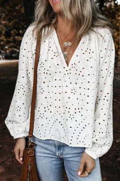 Fashion Dear-Lover Eyelet Embroidered Puff Sleeve V Neck Blouse White