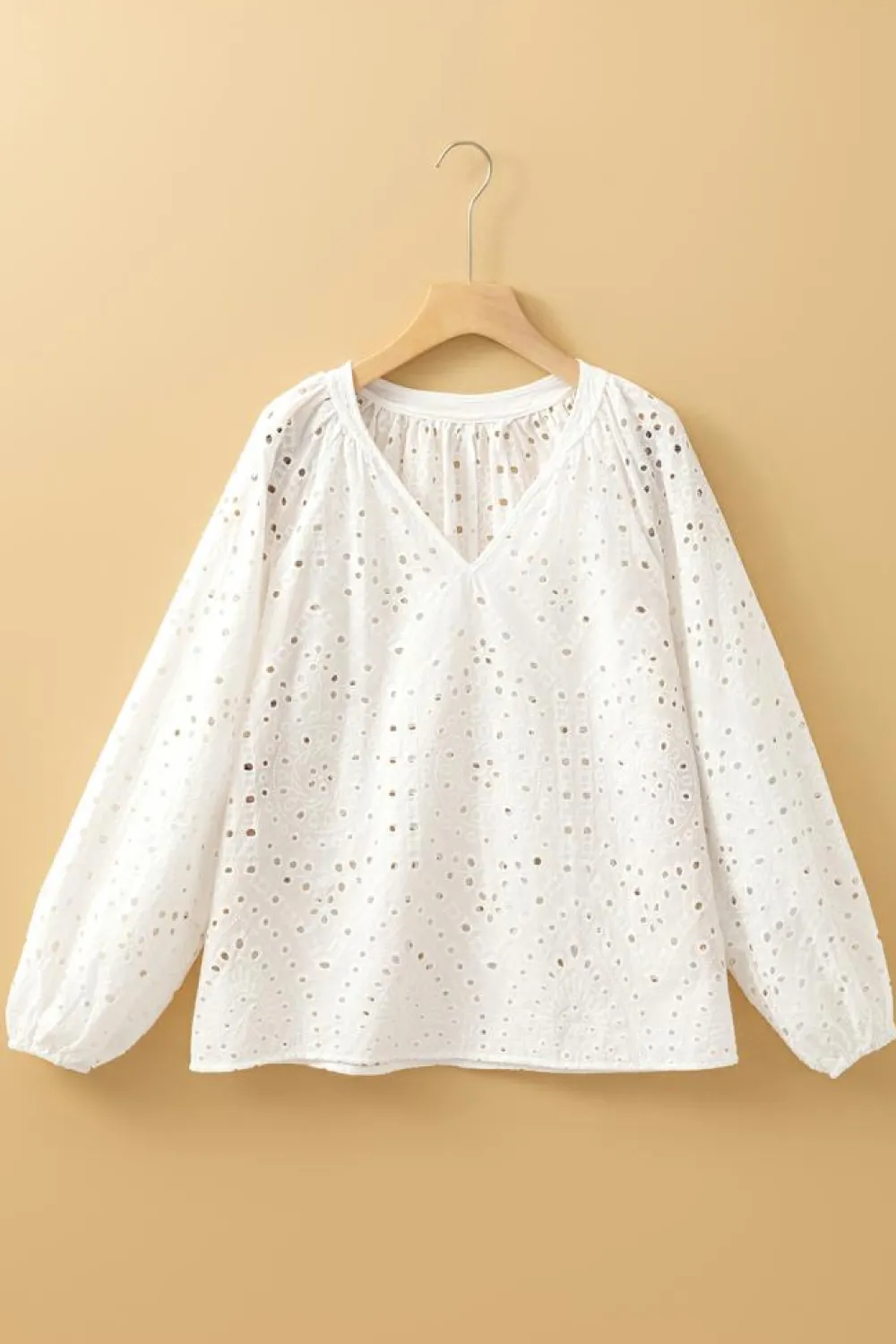 Fashion Dear-Lover Eyelet Embroidered Puff Sleeve V Neck Blouse White