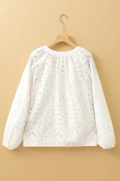 Fashion Dear-Lover Eyelet Embroidered Puff Sleeve V Neck Blouse White