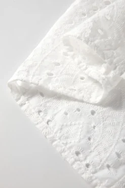 Fashion Dear-Lover Eyelet Embroidered Puff Sleeve V Neck Blouse White