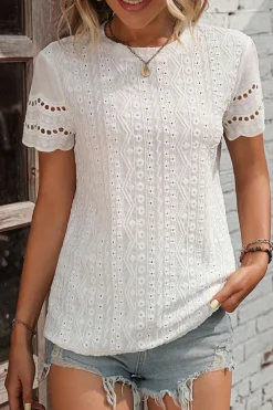 Sale Dear-Lover Eyelet Embroidery Scalloped Short Sleeve Top White
