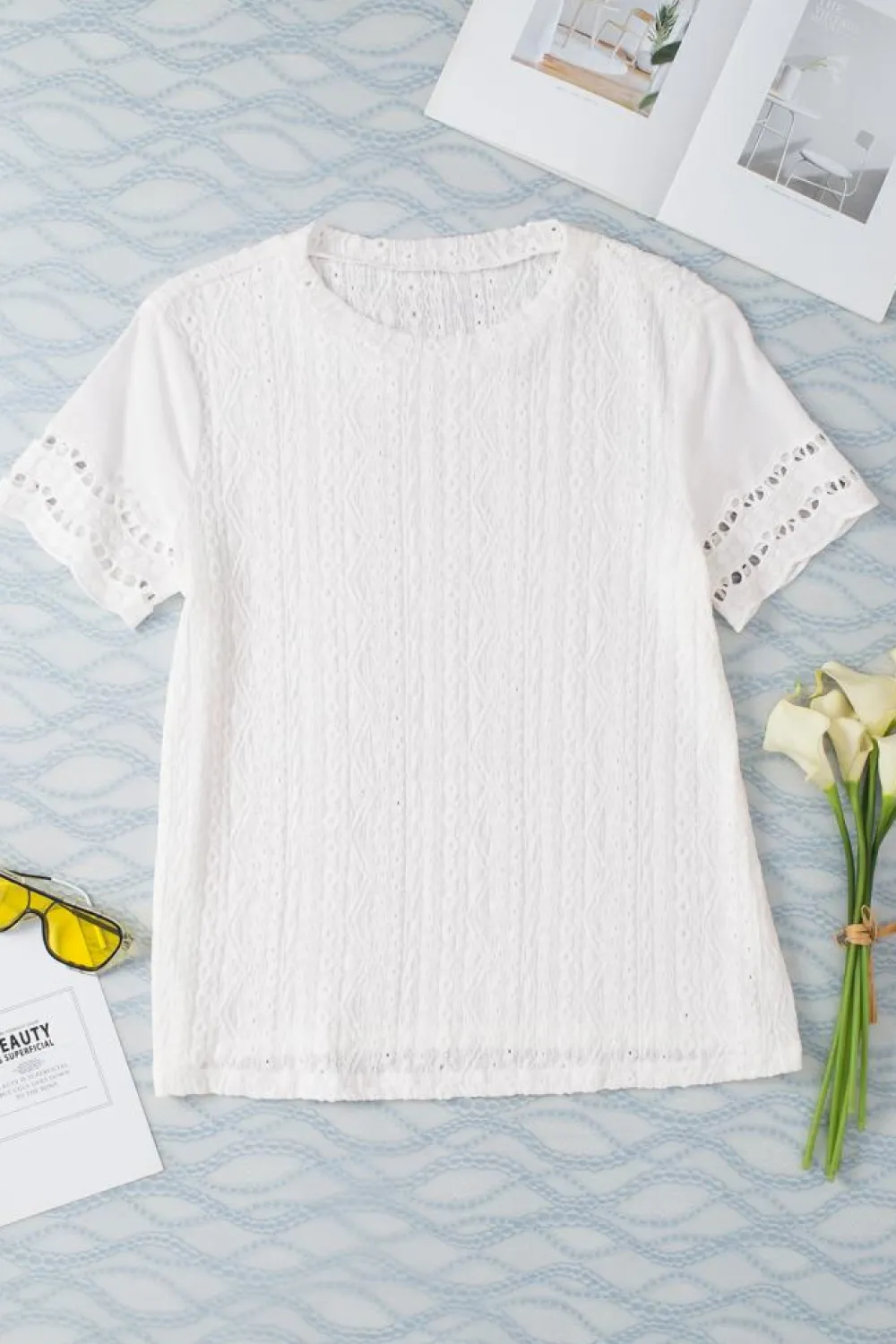 Sale Dear-Lover Eyelet Embroidery Scalloped Short Sleeve Top White