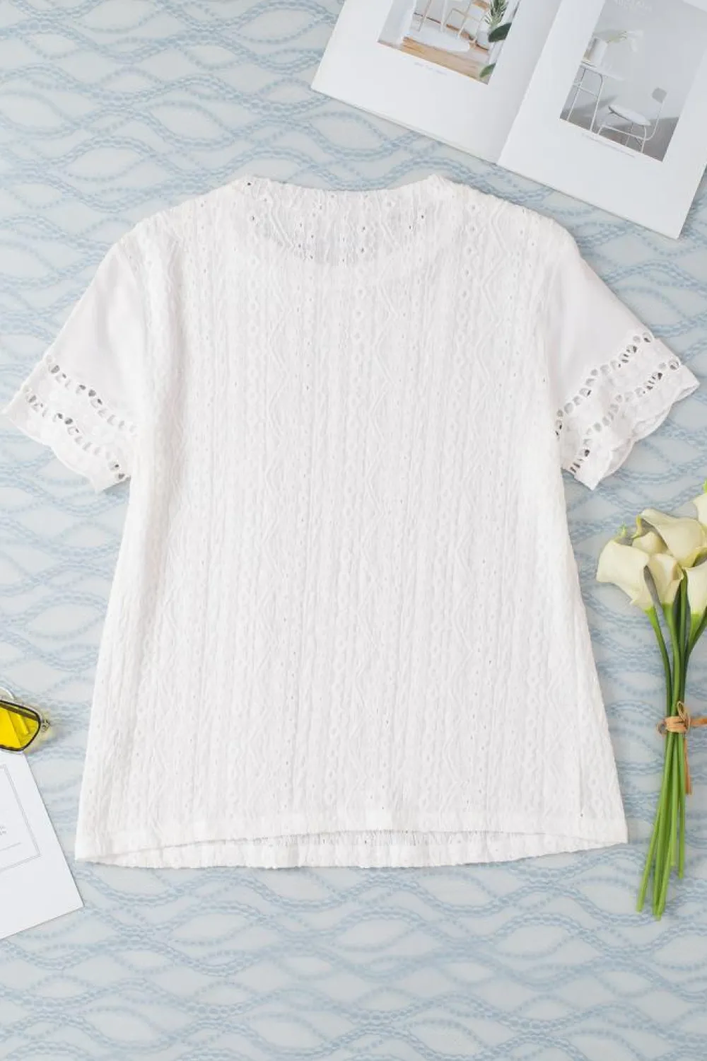 Sale Dear-Lover Eyelet Embroidery Scalloped Short Sleeve Top White